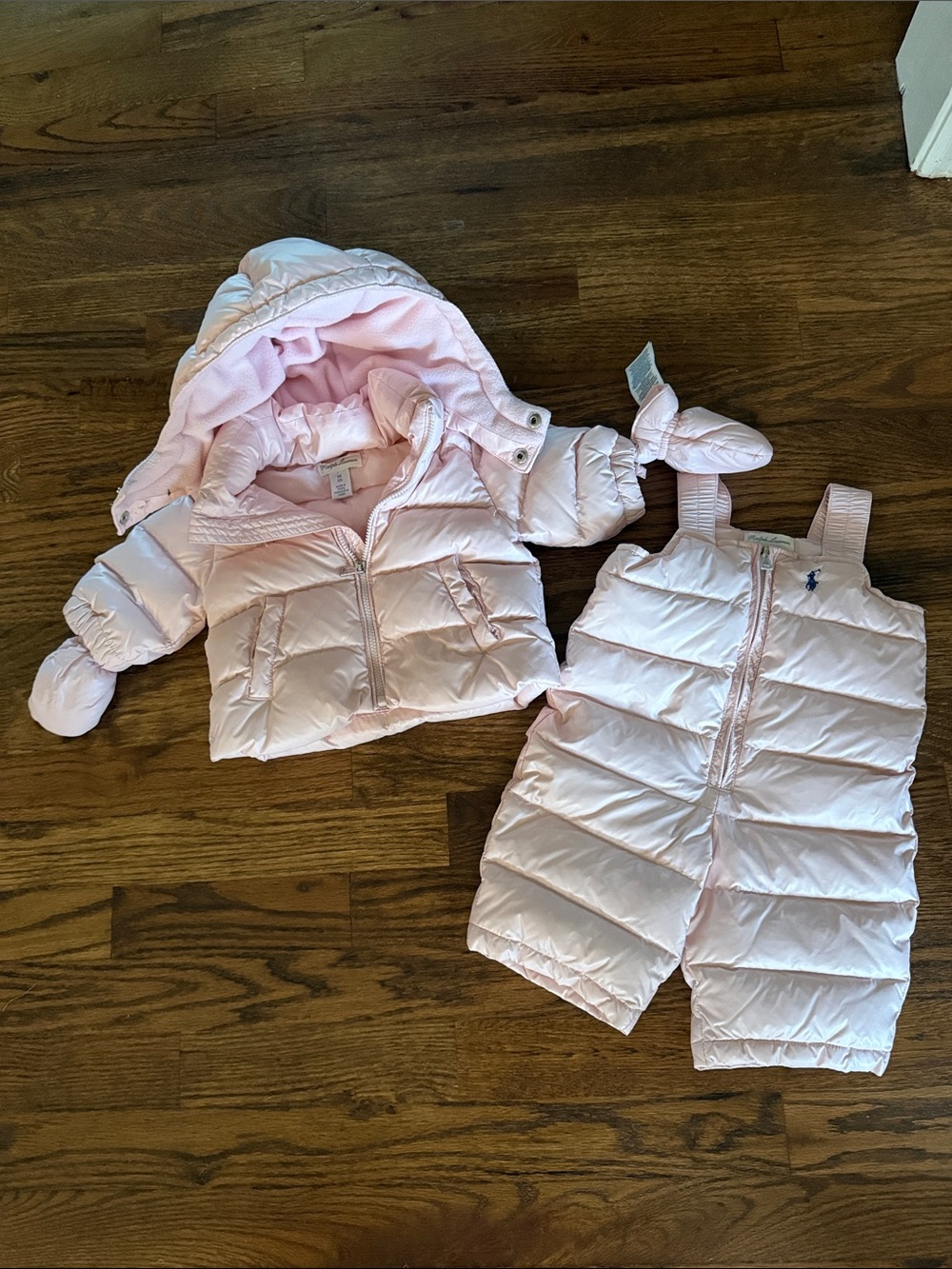 Ralph Lauren Light Pink Puffer Jacket with Matching Snow Bib and gloves